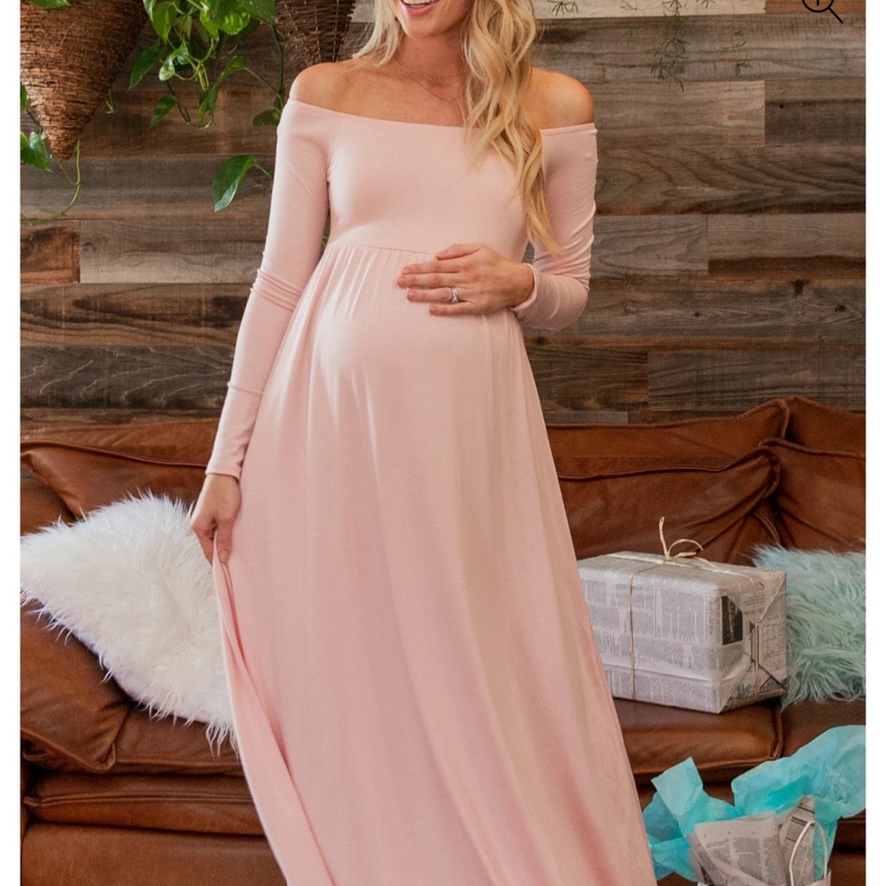 PinkBlush Petite Pink Solid Off Shoulder Maternity Maxi Dress